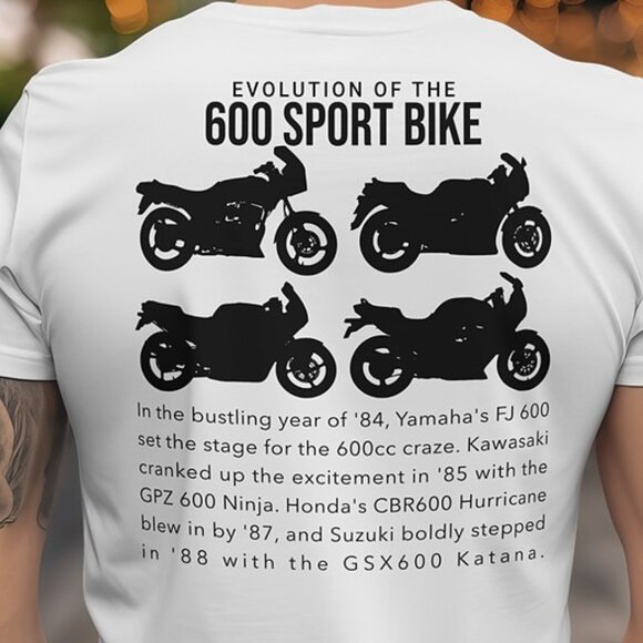 600 Sportbike Evolution Tee: Yamaha, Suzuki, Kawasaki, Honda - Picture 1 of 3
